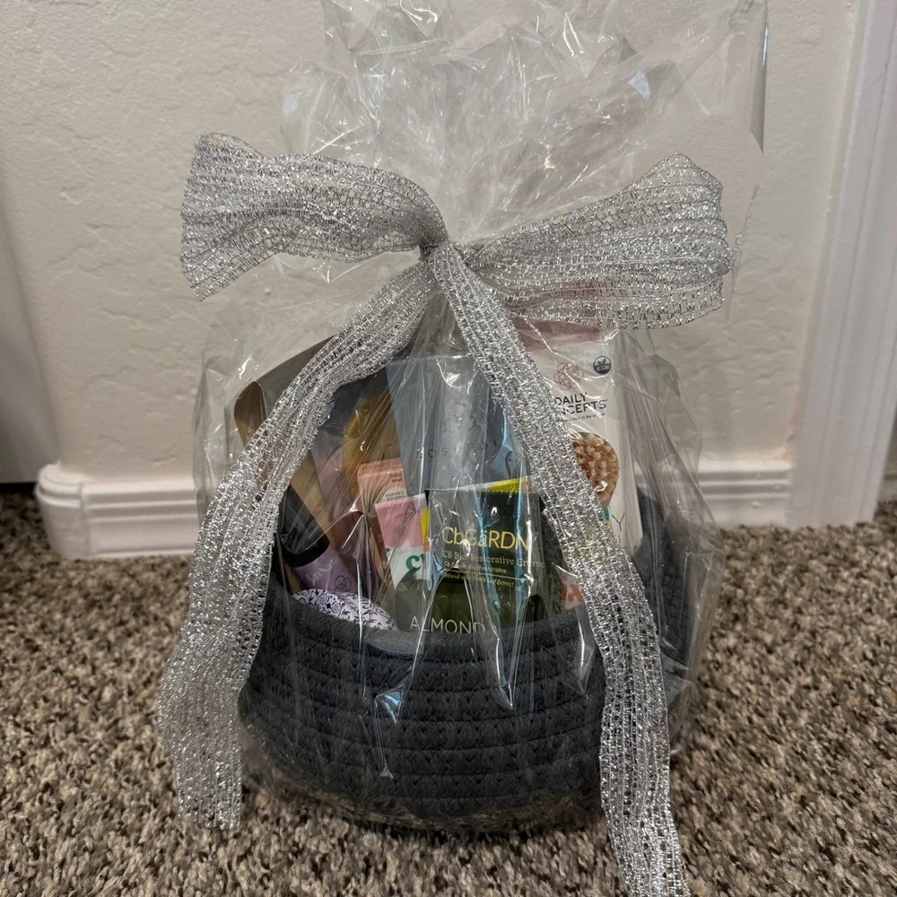 Elegant Gray Gift Basket with Silver Ribbon
